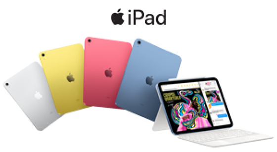 Apple iPad  (10th generation) shown in silver, yellow, pink and blue